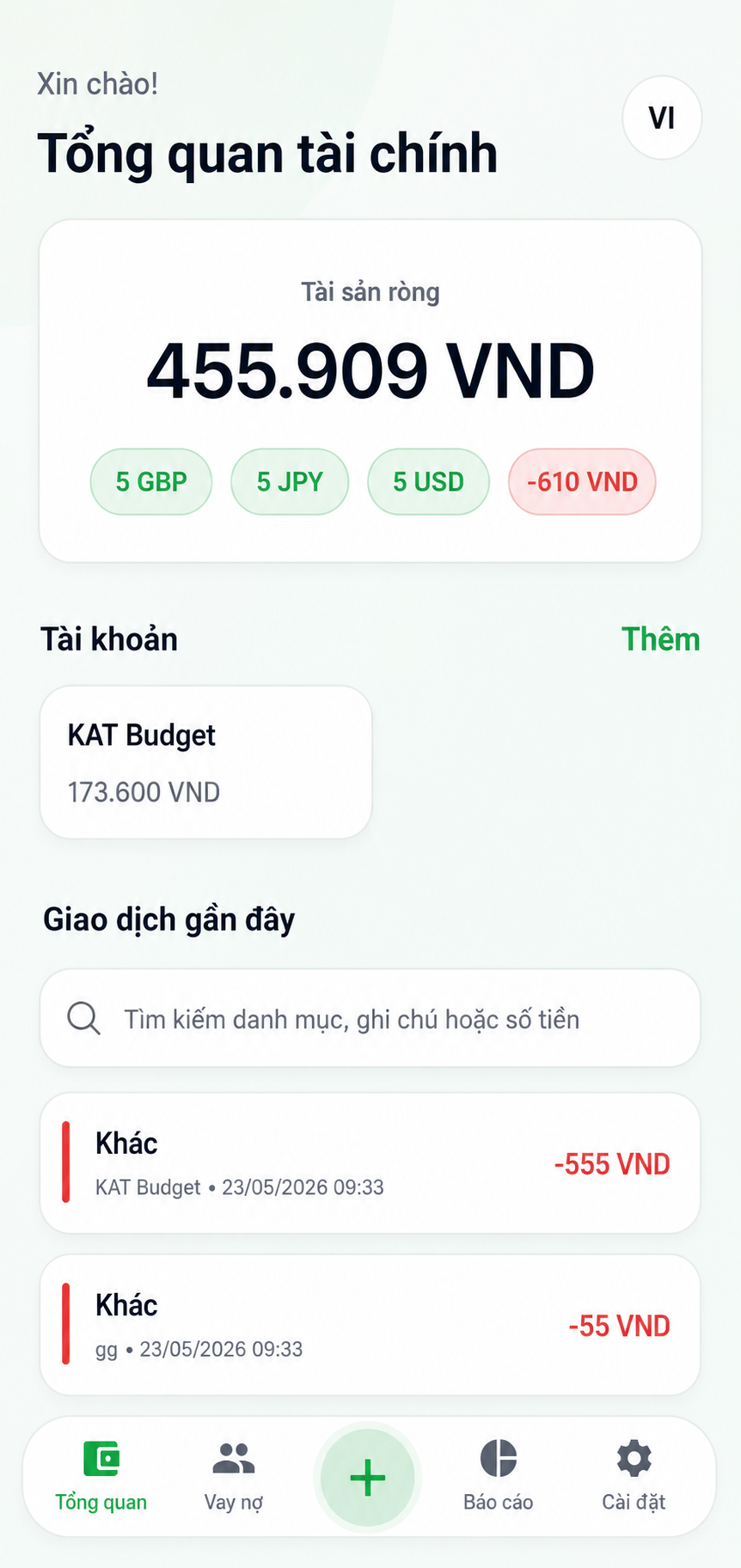 Màn hình tổng quan tài chính KAT Budget